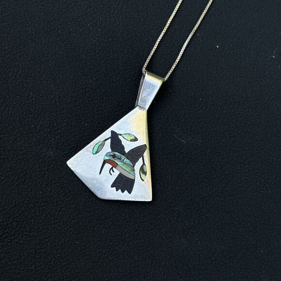 Zuni SC Edaakie Sterling Silver Hummingbird Inlay Pendant – Abalone Coral Jet - Picture 2 of 6